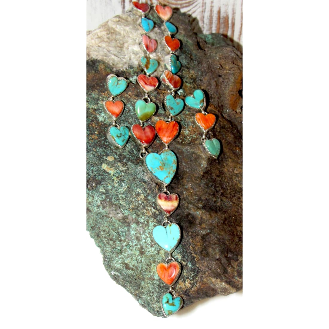 Navajo Turquoise Spiny Heart Lariat Necklace Earrings Set