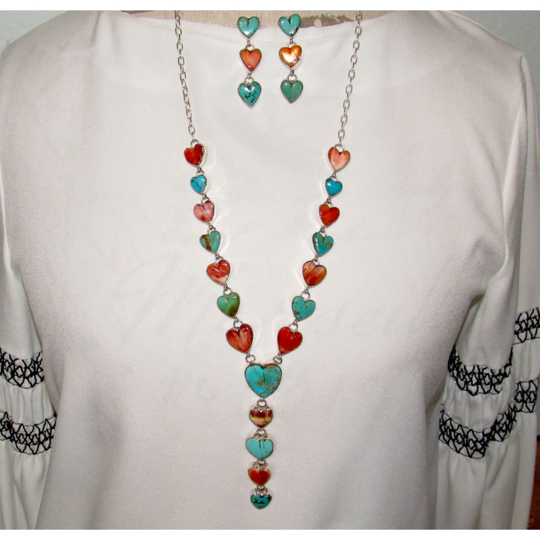 Navajo Turquoise Spiny Heart Lariat Necklace Earrings Set