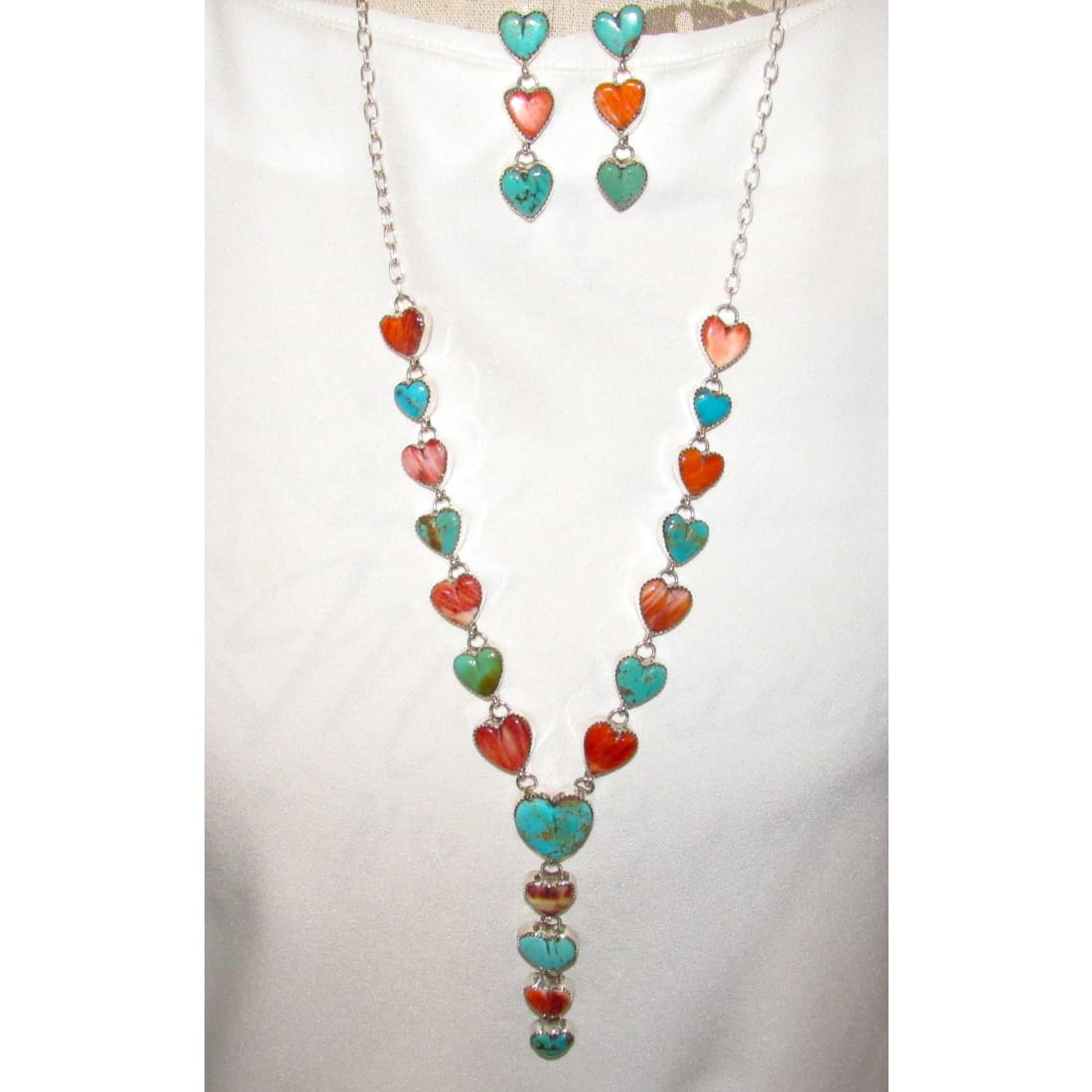 Navajo Turquoise Spiny Heart Lariat Necklace Earrings Set