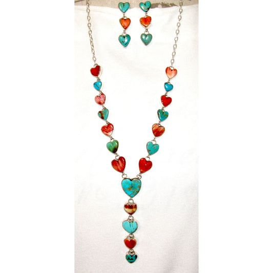 Navajo Turquoise Spiny Heart Lariat Necklace Earrings Set