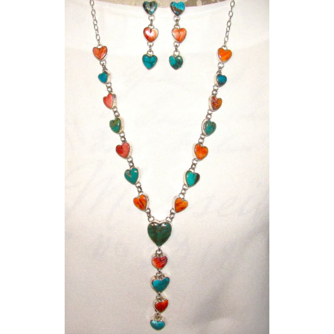 Navajo Turquoise Spiny Heart Lariat Necklace Earrings Set