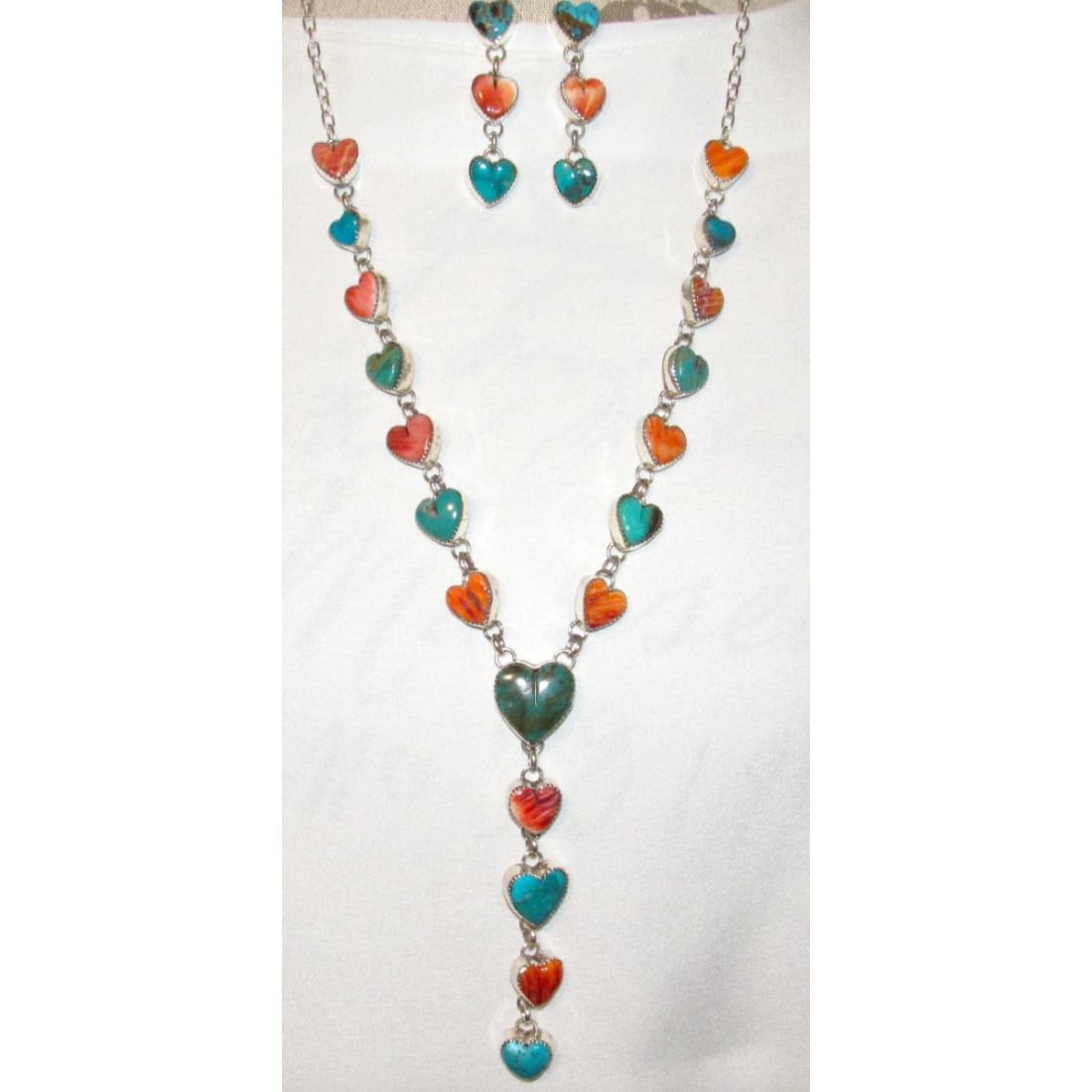 Navajo Turquoise Spiny Heart Lariat Necklace Earrings Set