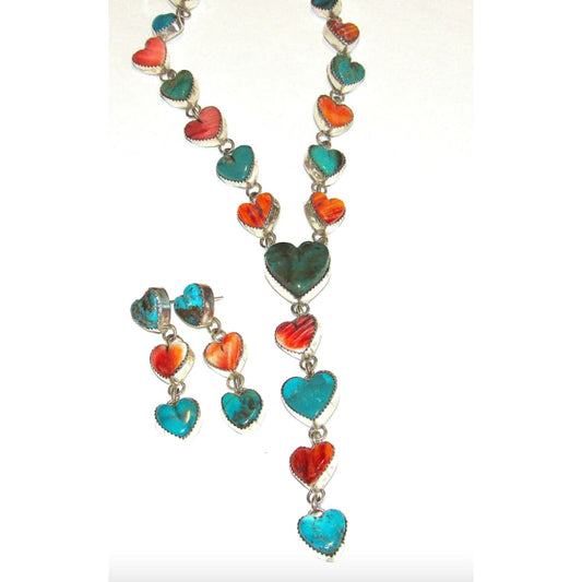 Navajo Turquoise Spiny Heart Lariat Necklace Earrings Set