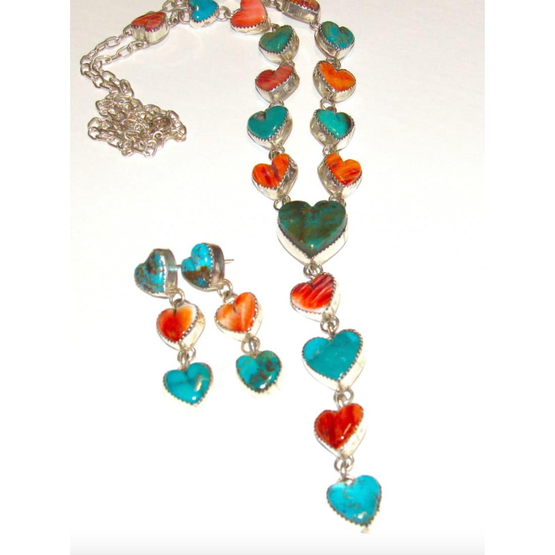 Navajo Turquoise Spiny Heart Lariat Necklace Earrings Set