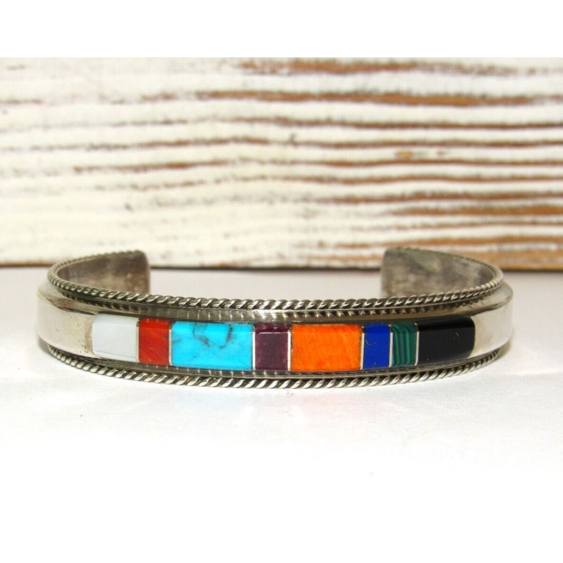 Navajo Turquoise Spiny Inlay Stacker Cuff Bracelet Sterling
