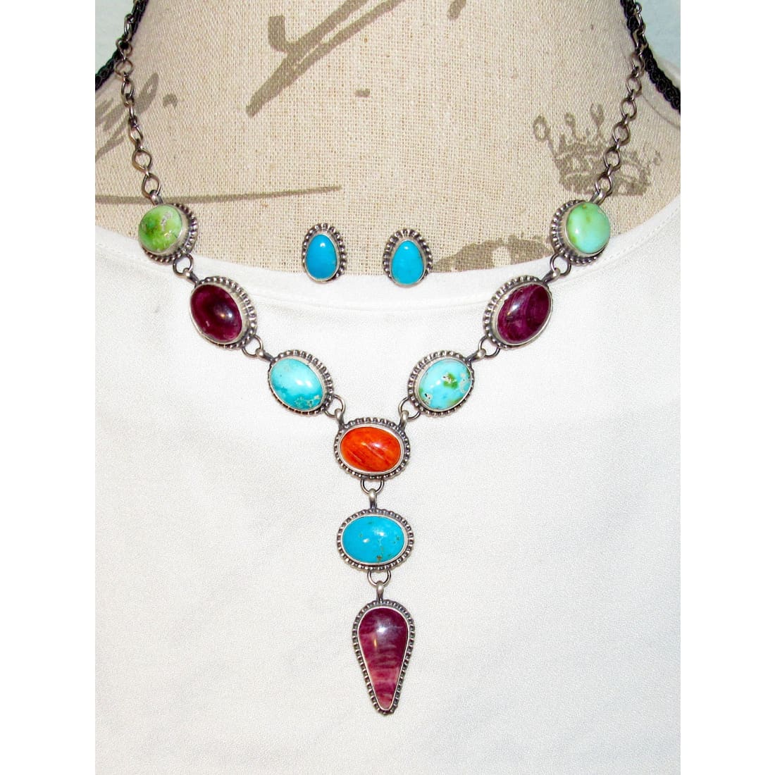 Navajo Turquoise Spiny Oyster Lariat Necklace Earrings