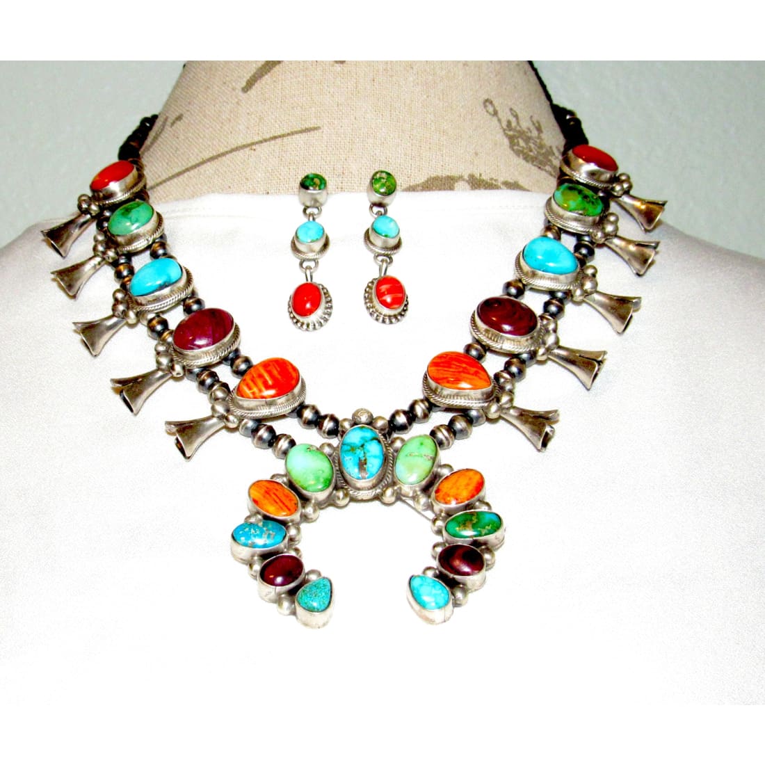 Navajo Turquoise Spiny Squash Blossom Necklace & Earrings