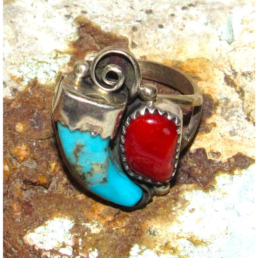 Navajo Turquoise Wolf Claw Coral Ring Sz 6 Sterling Silver