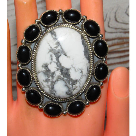 Massive Navajo White Buffalo Onyx Cluster Ring Sz 8 Sterling