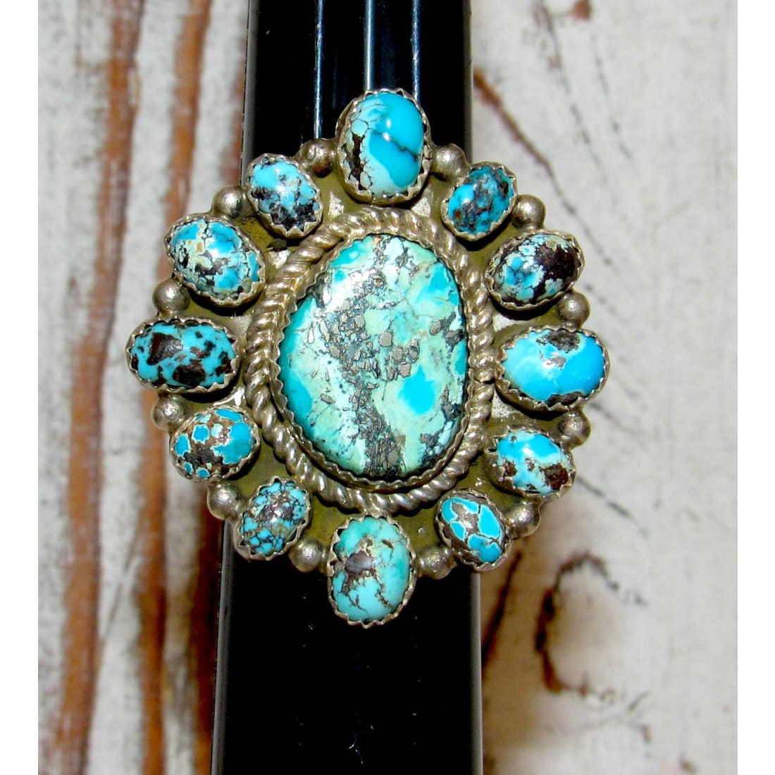 Navajo White Water Turquoise Cluster Ring Sz 10 Sterling