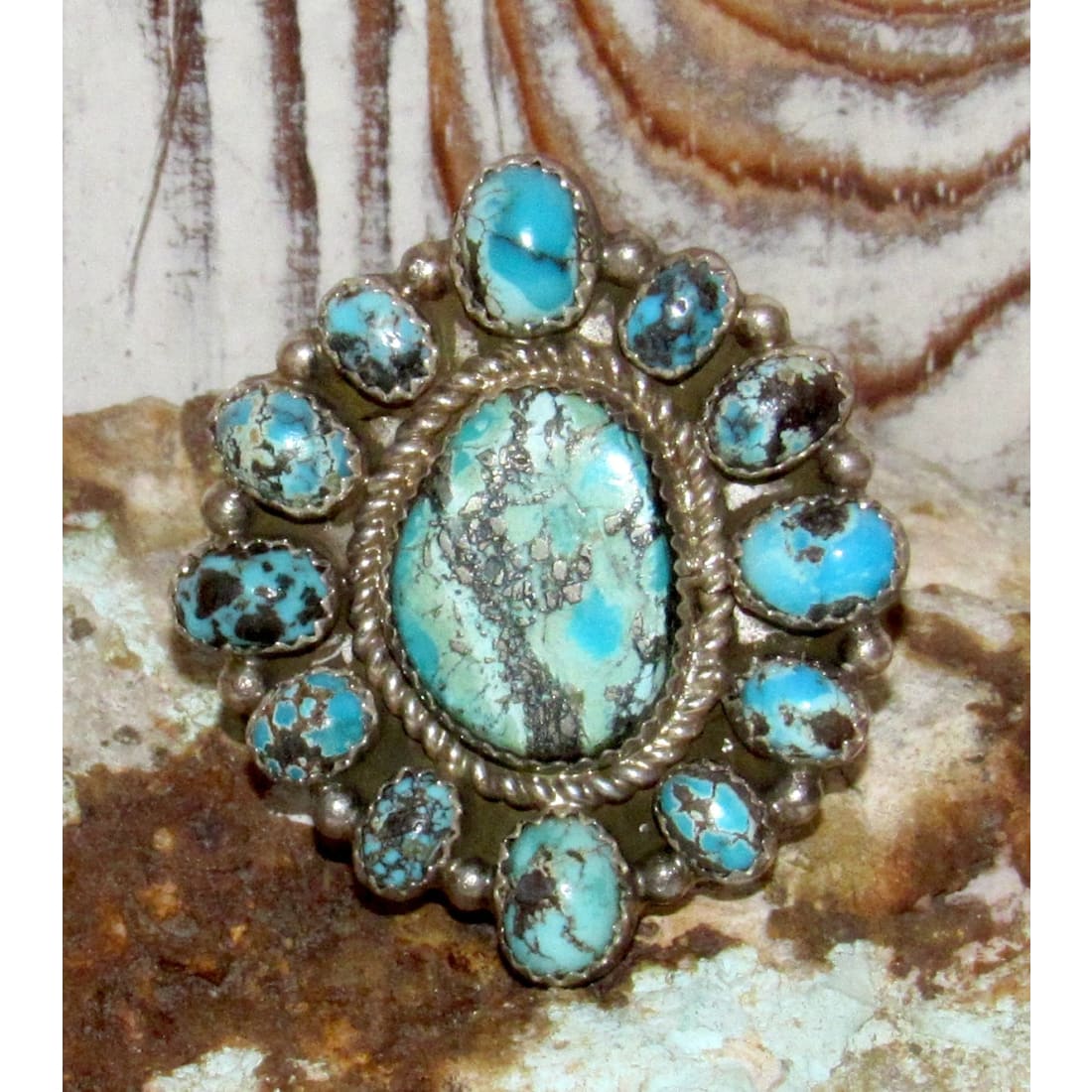 Navajo White Water Turquoise Cluster Ring Sz 10 Sterling