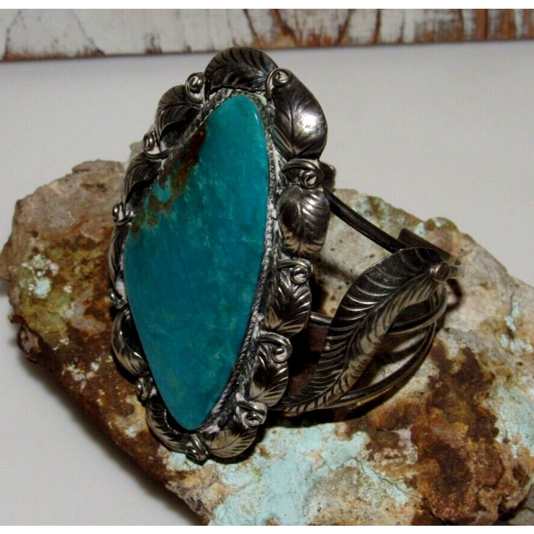 Old Pawn Massive Navajo Turquoise Bracelet Blossom Design