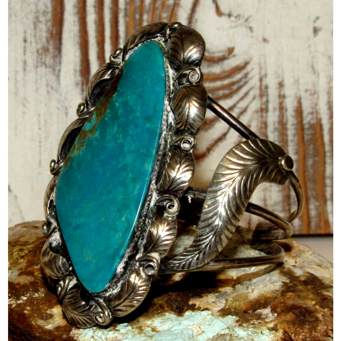 Old Pawn Massive Navajo Turquoise Bracelet Blossom Design