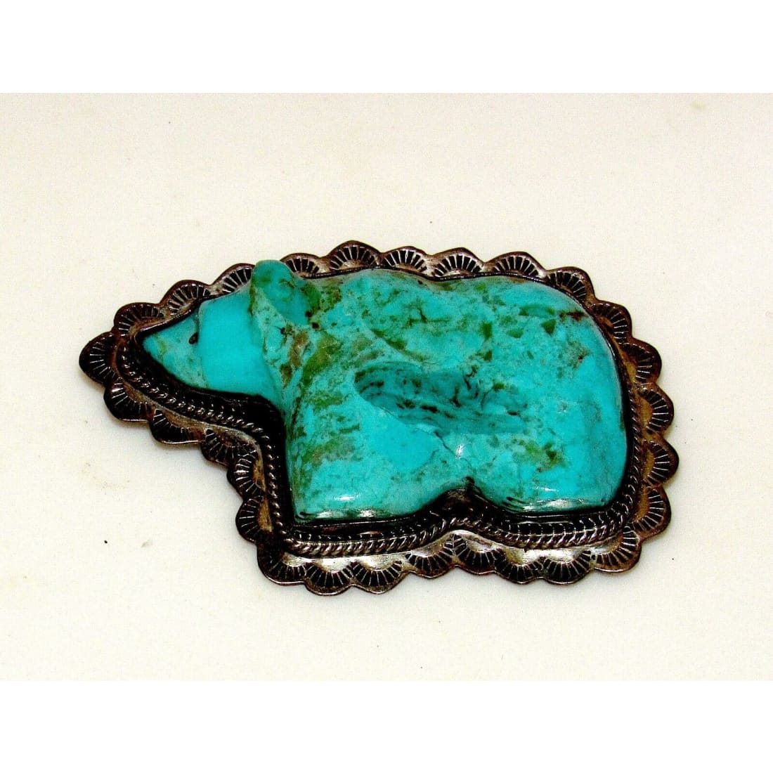 Old Pawn Navajo Carved Turquoise Bear Pin Brooch Sterling