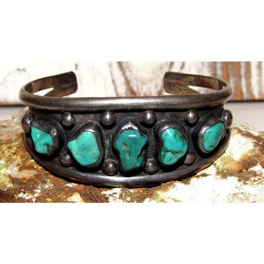 Old Pawn Navajo Cerillos Turquoise Cuff Bracelet Sterling