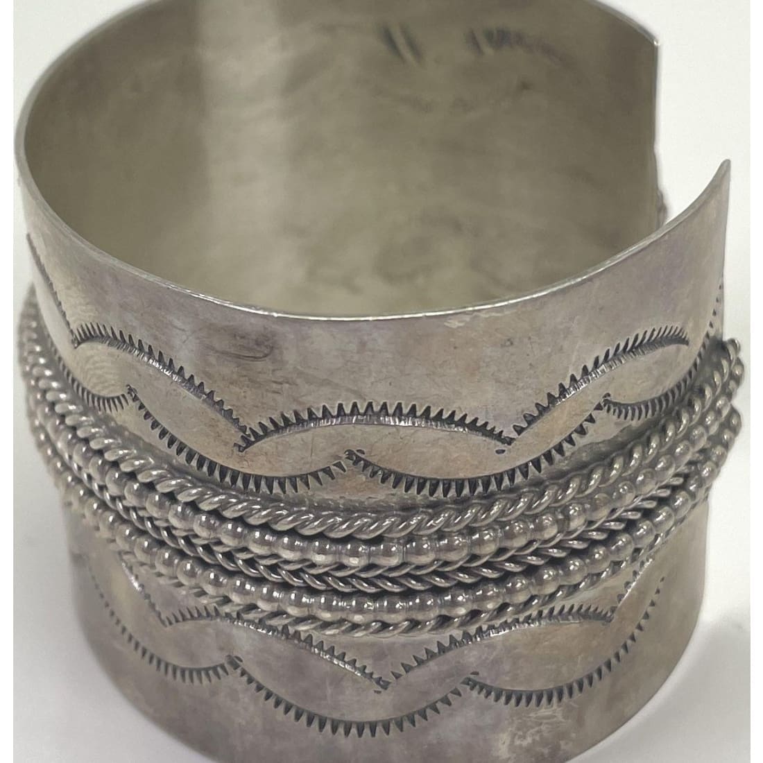 Old Pawn Navajo cuff bracelet vintage Native American silver cuff with intricate twisted wire and stamped patterns