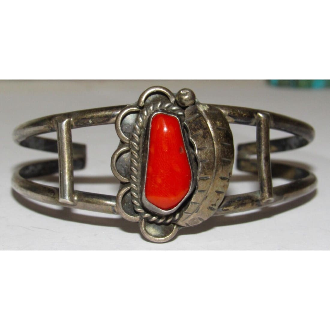 Old Pawn Navajo Mediterranean Coral Cuff Bracelet Sterling