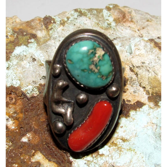 Old Pawn Navajo Men Turquoise Coral Ring Size 10 Sterling