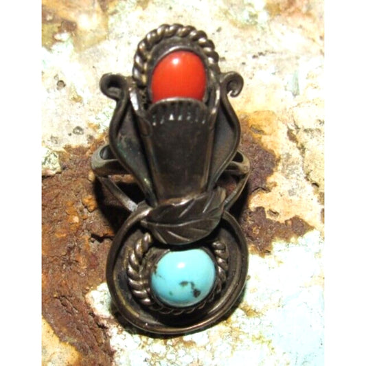 Old Pawn Navajo Turquoise Coral Ring Size 7.5 Sterling