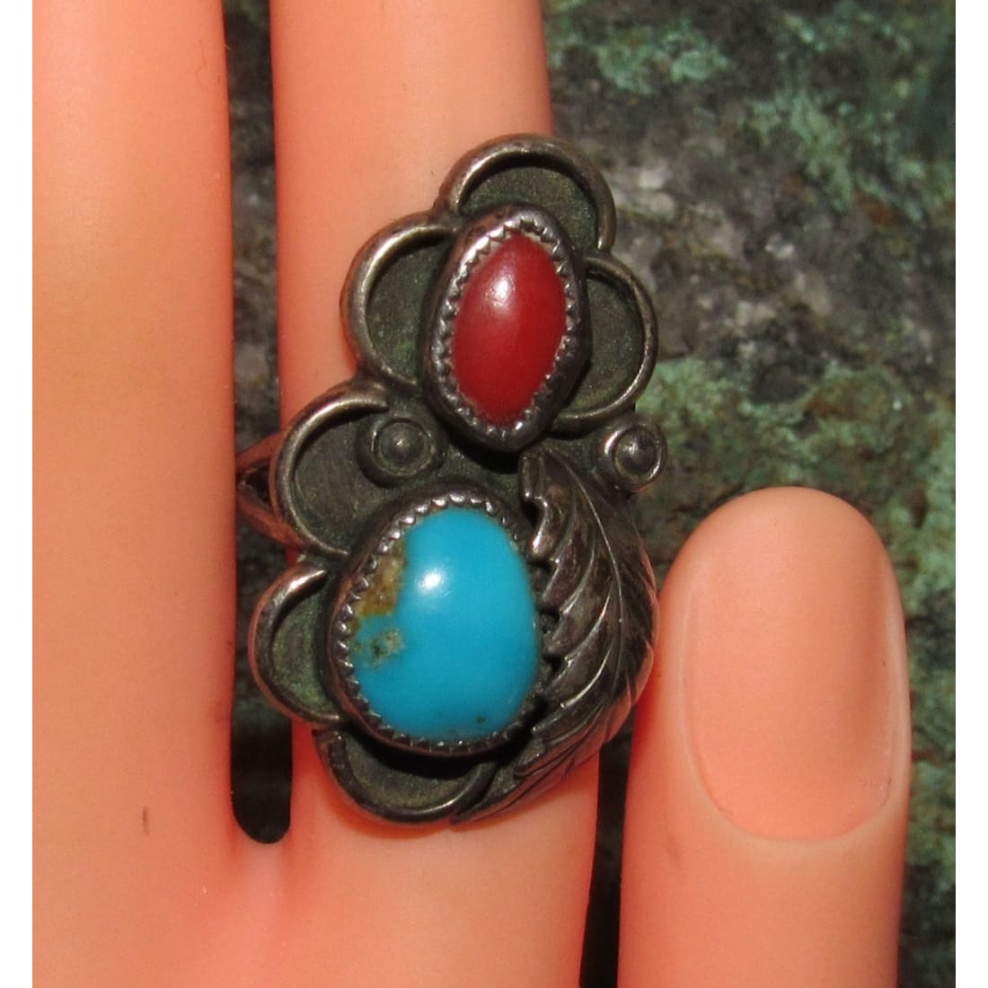 Old Pawn Navajo Turquoise Coral Ring Size 7 Sterling Silver