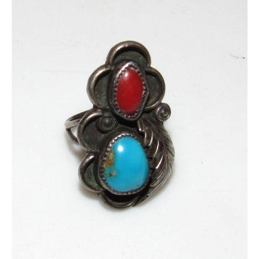 Old Pawn Navajo Turquoise Coral Ring Size 7 Sterling Silver