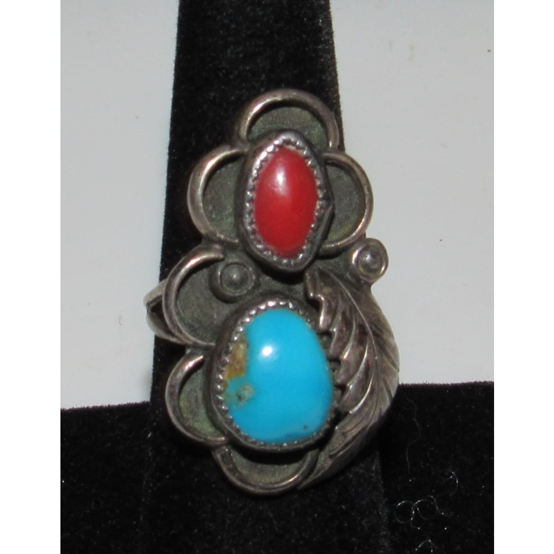 Old Pawn Navajo Turquoise Coral Ring Size 7 Sterling Silver