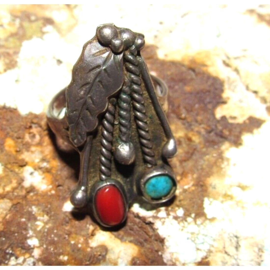 Old Pawn Navajo Turquoise Coral Ring Size 8.5 Sterling