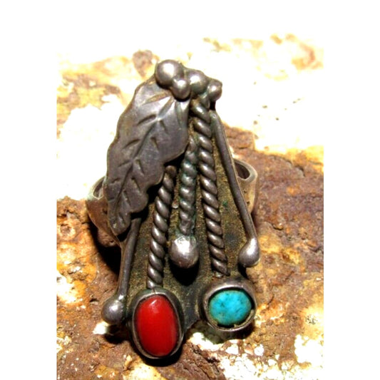 Old Pawn Navajo Turquoise Coral Ring Size 8.5 Sterling