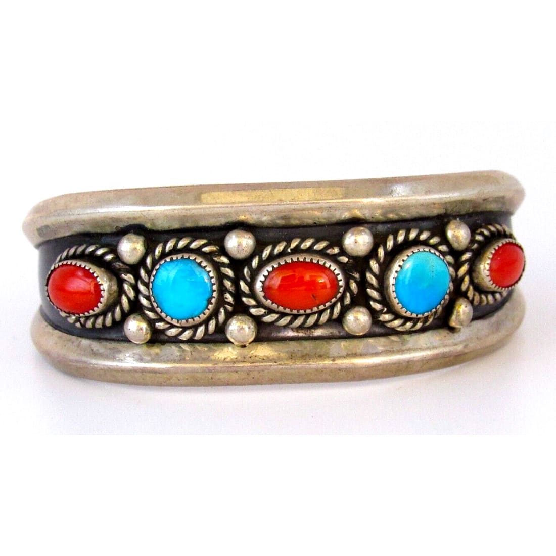 Old Pawn Navajo Turquoise Coral Statement Cuff Bracelet