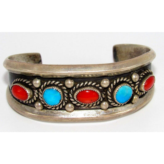 Old Pawn Navajo Turquoise Coral Statement Cuff Bracelet