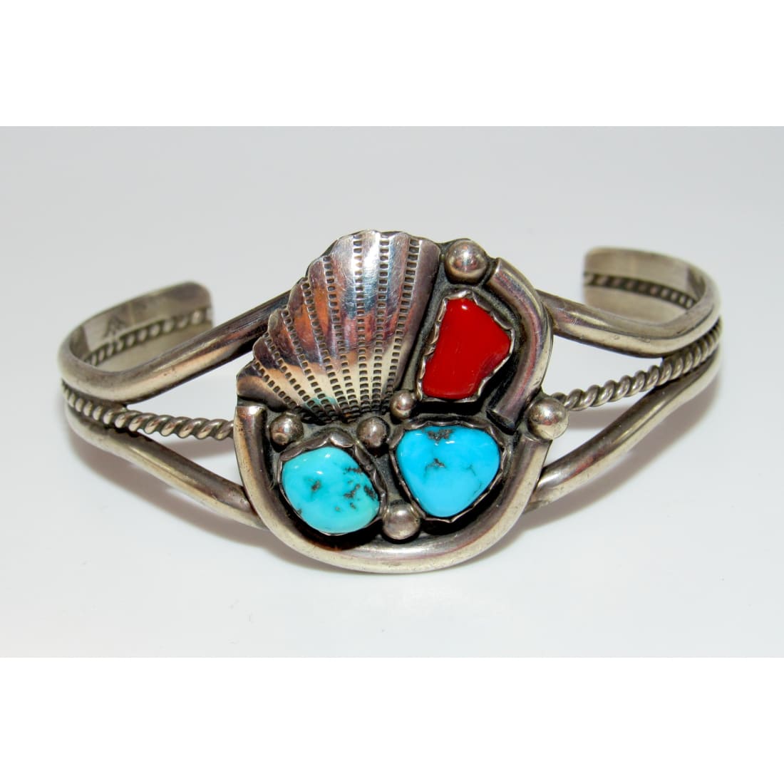 Old Pawn Zuni Bracelet Turquoise Coral Sterling Silver