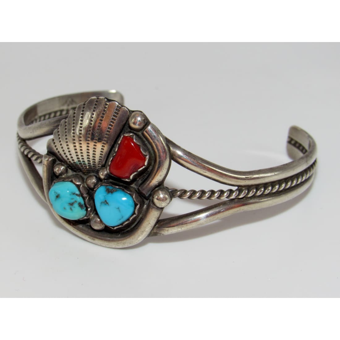 Old Pawn Zuni Bracelet Turquoise Coral Sterling Silver