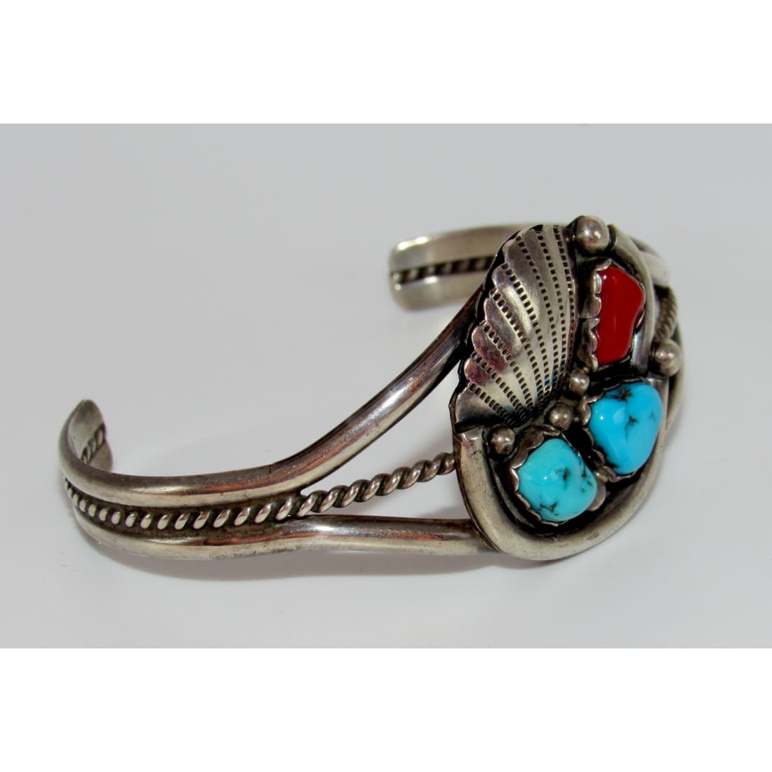 Old Pawn Zuni Bracelet Turquoise Coral Sterling Silver