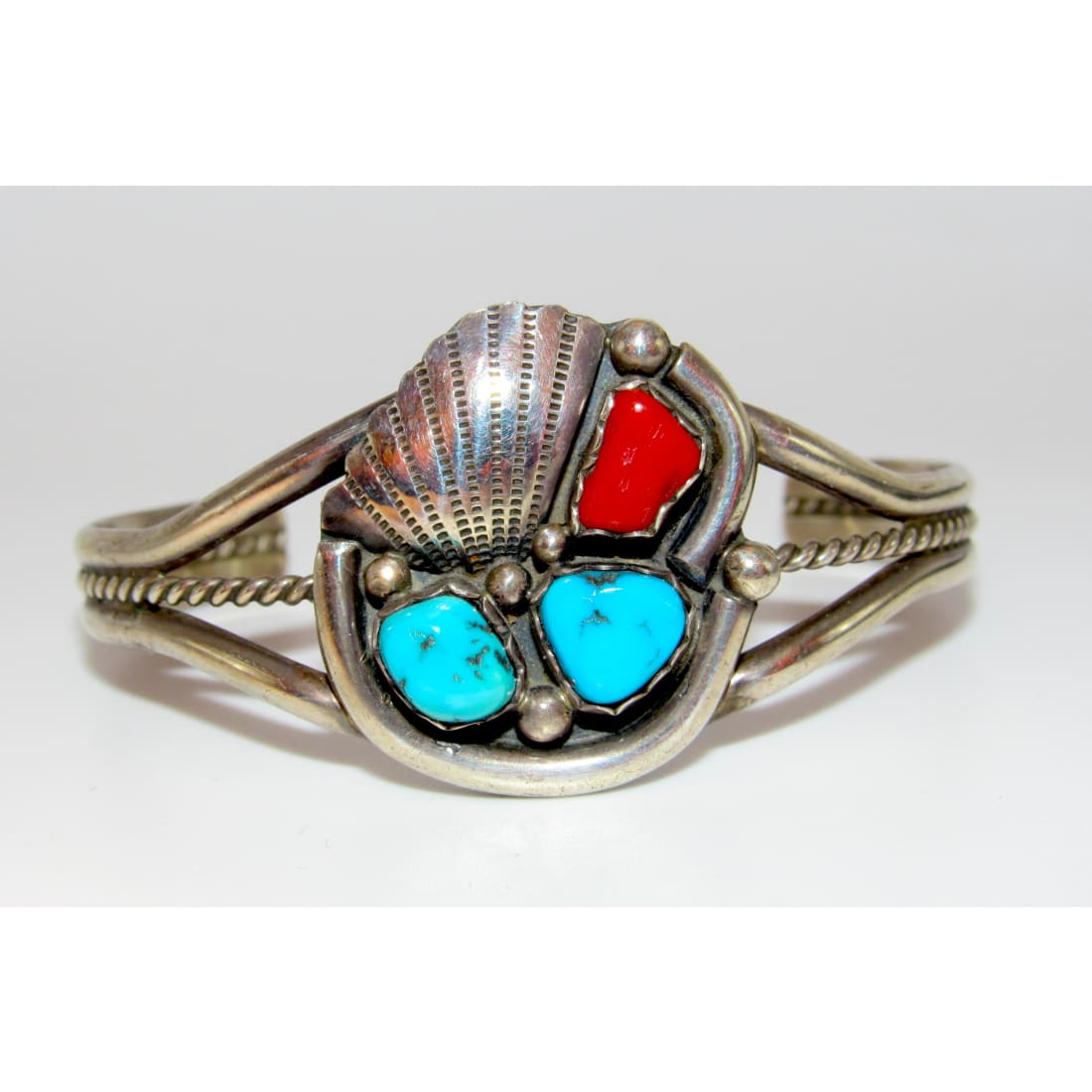 Old Pawn Zuni Bracelet Turquoise Coral Sterling Silver