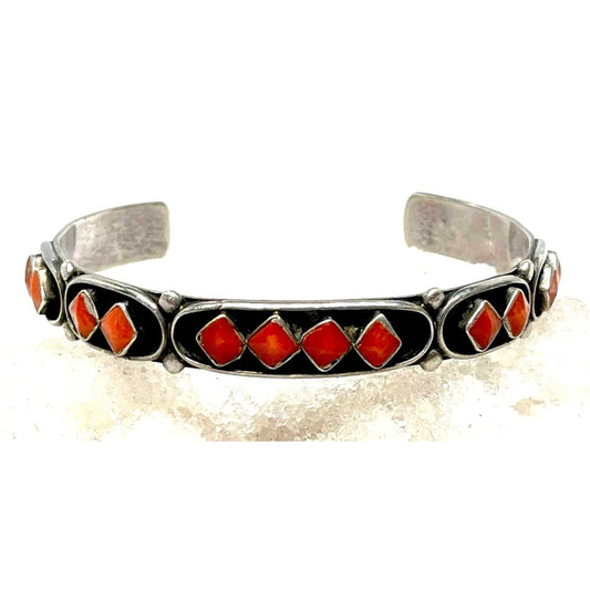 Old Pawn Zuni Coral Bracelet Sterling Silver Stacker Cuff