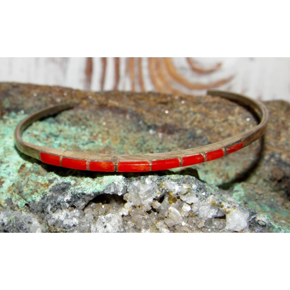 Old Pawn Zuni Coral Inlay Stacker Cuff Bracelet Sterling