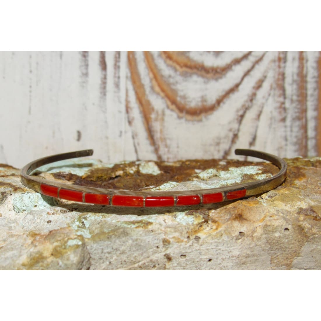 Old Pawn Zuni Coral Inlay Stacker Cuff Bracelet Sterling