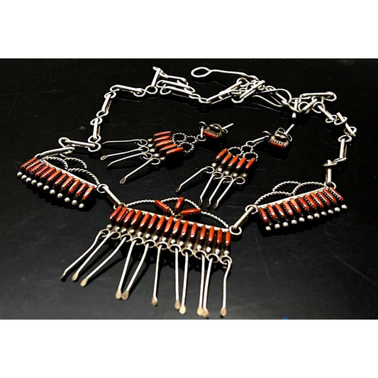 Old Pawn Zuni Coral Necklace & Earrings Set Sterling Silver