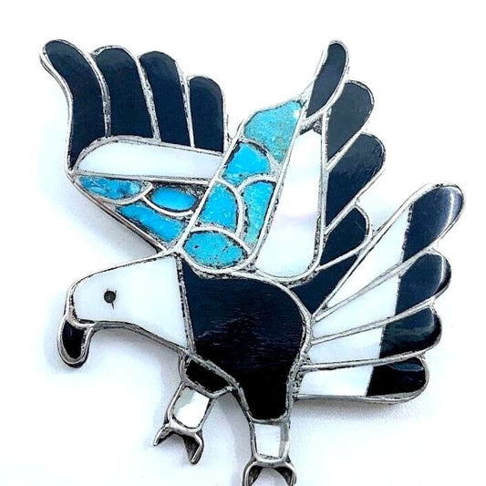 Old Pawn Zuni Eagle Brooch Turquoise Jet Inlay Sterling