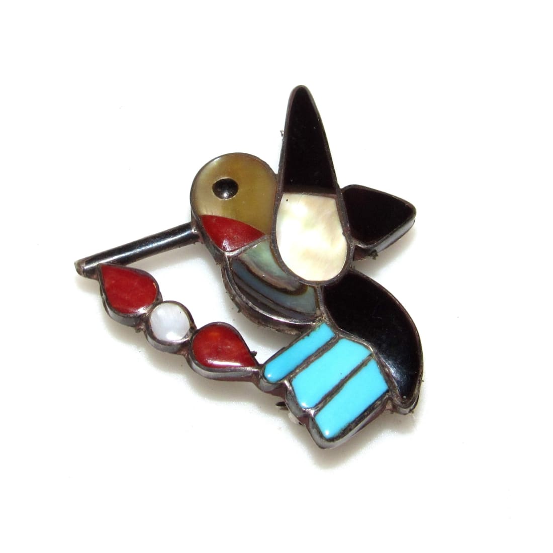 Old Pawn Zuni Inlay Hummingbird Pin Brooch Sterling Silver