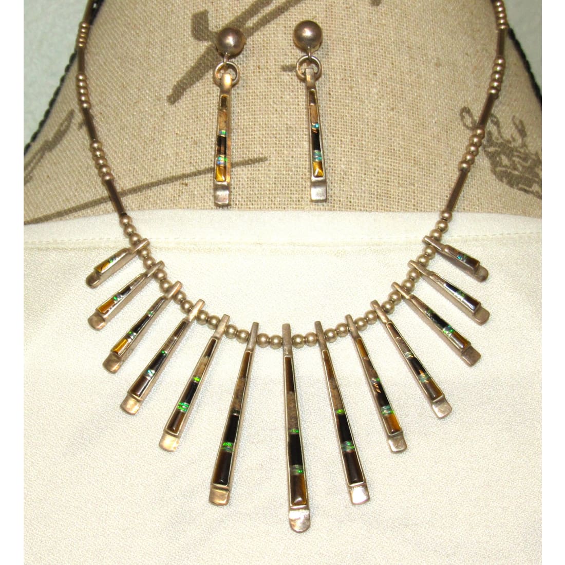 Old Pawn Zuni Opal Onyx Tiger Eyel Necklace & Earrings Set