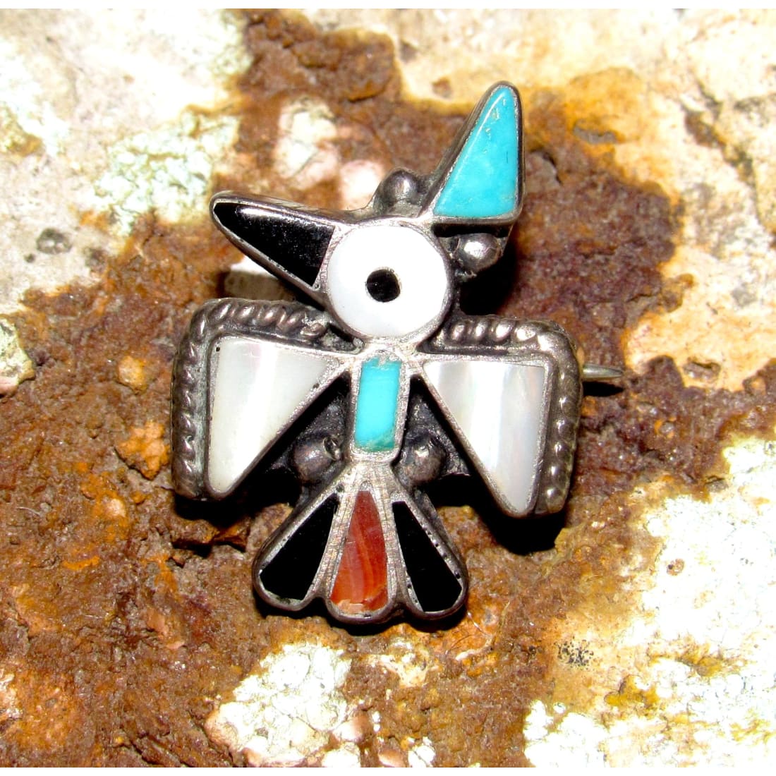 Old Pawn Zuni Thunderbird Pin Brooch Inlay Sterling