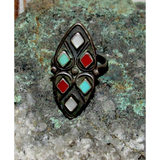 Old Pawn Zuni Turquoise Coral Ring Size 7 Sterling Silver
