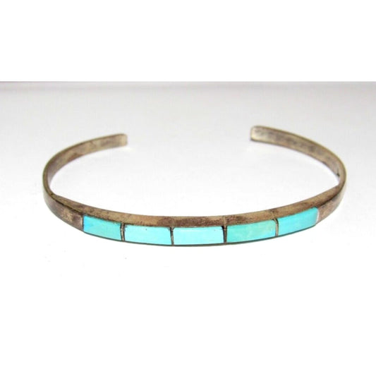 Old Pawn Zuni Turquoise Inlay Stacker Cuff Bracelet Sterling
