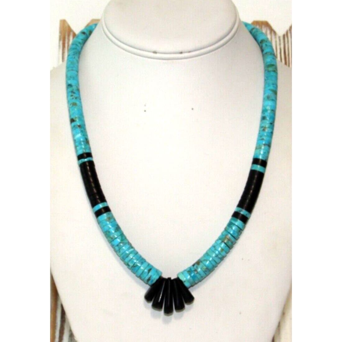 Santo Domingo Kingman Black Onyx Heishi Necklace Lupe