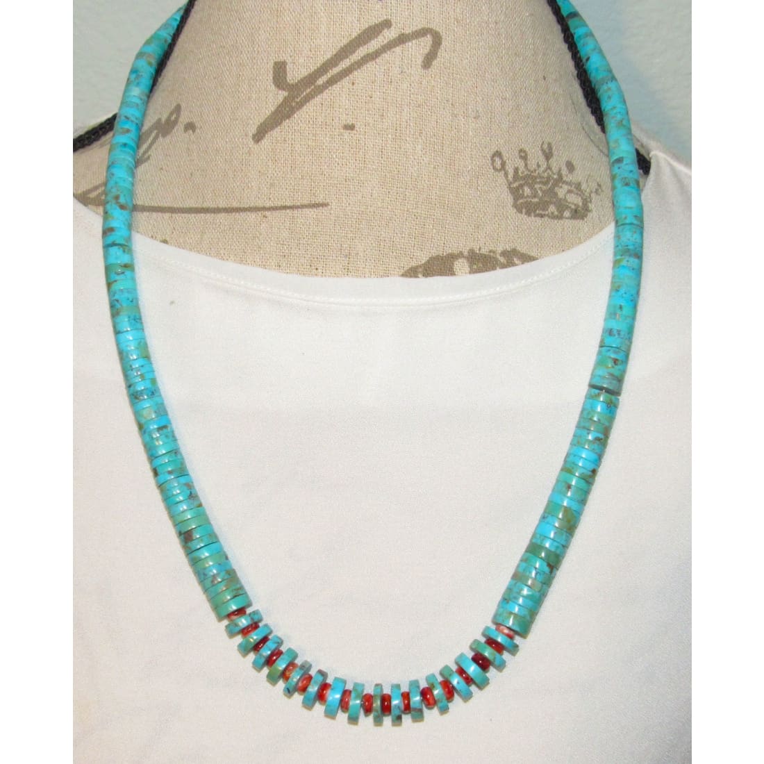 Santo Domingo Kingman Turquoise Red Spiny Heishi Necklace