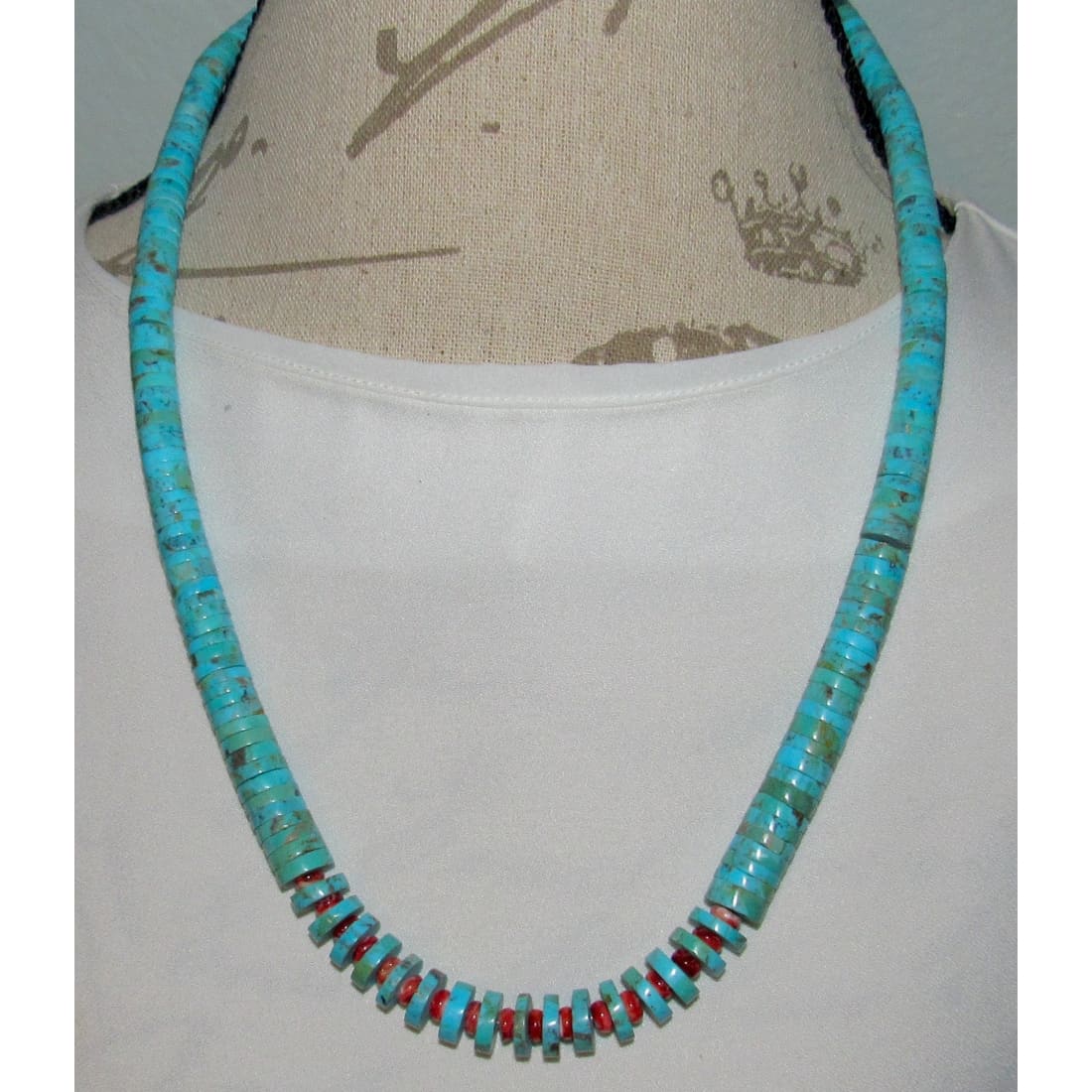 Santo Domingo Kingman Turquoise Red Spiny Heishi Necklace