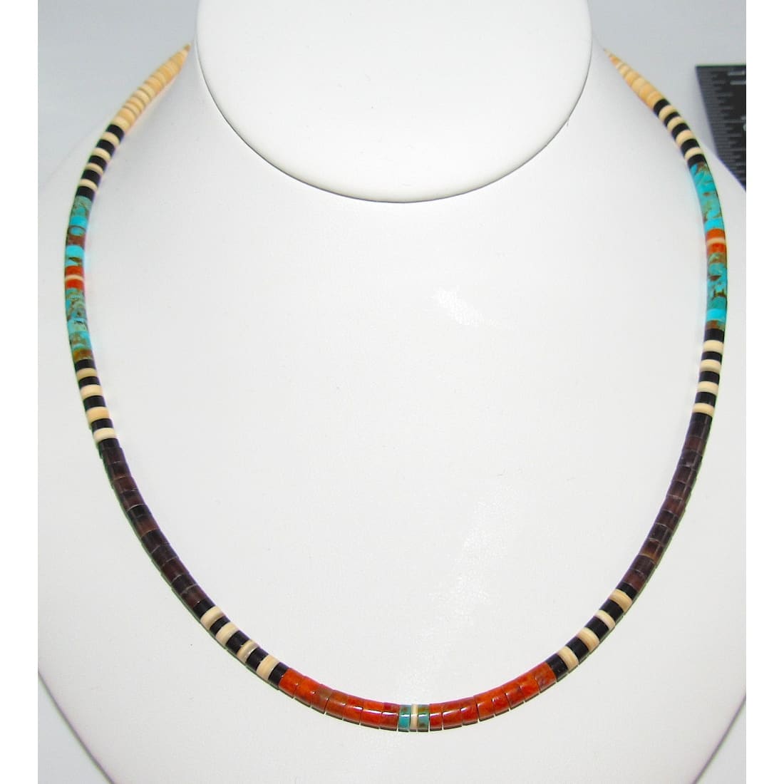Native American Santo Domingo heishi necklace with turquoise and red traditional beads
