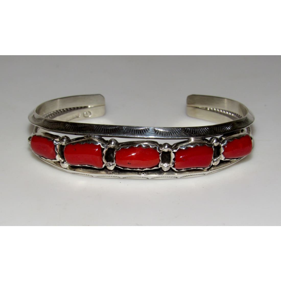 Signed Navajo Mediterranean Coral Cuff Bracelet Sterling