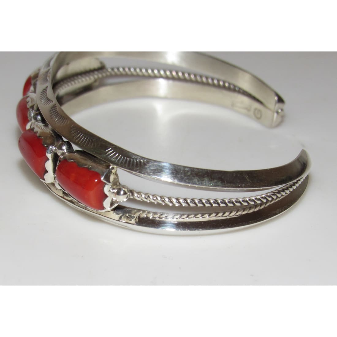 Signed Navajo Mediterranean Coral Cuff Bracelet Sterling